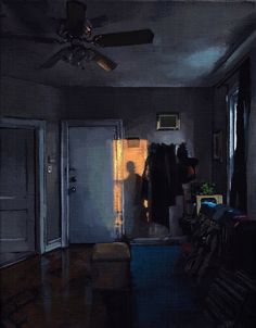 a painting of a person standing in front of a closet with clothes hanging on the rack