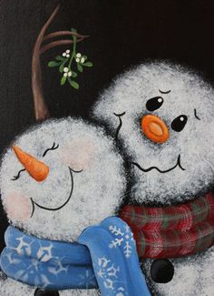 two snowmen are hugging each other in front of a black background with green leaves