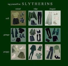 there are many different types of clothes and shoes on this page, all in green