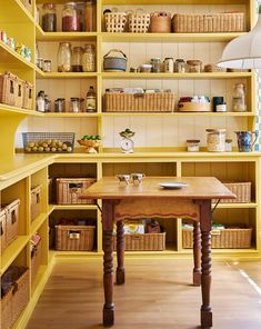 meta coleman pantry Yellow Pantry, Rustic Farmhouse Pantry, Meta Coleman, Kitchen Shelving, Farmhouse Pantry, Classic White Kitchen, Barn Kitchen, The Home Edit, Kitchen Paint Colors