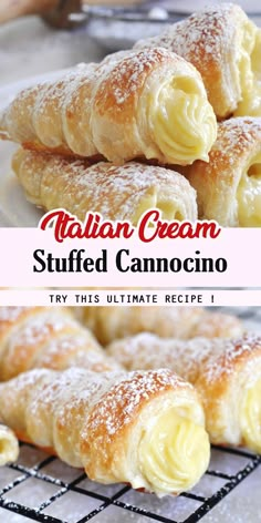 italian cream stuffed cannocchini on a cooling rack with the words, italian cream stuffed cannocchi