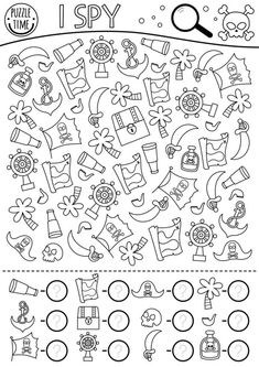 Pirate black and white I spy game for kids. Searching and counting activity with pirate accessories and symbols. Treasure island hunt coloring page. Simple sea adventure spotting worksheet Pirate Color By Number, Pirate Activities For Kids, Pirate Games For Kids, Pirate Worksheets, Pirates Activities, Pirate Activity, Pirate Words, Fun Printables For Kids, Spy Games For Kids