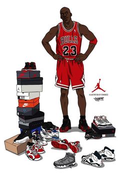 a drawing of a basketball player standing in front of some shoes and boxes with his hands on his hips