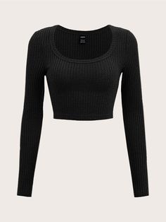 Negro Casual Collar manga larga Tela tejida Liso  Embellished Elástico Ligero Verano Crop Top Outfits, Yoga Fashion, Fashion Top, Knit Crop Top, Shein Tops, Knit Crop, Black Crop, Dream Clothes