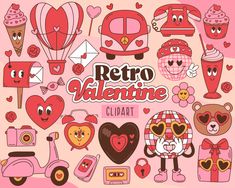 retro valentine clipart set with hearts, ice creams and other items in pink