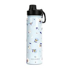 a blue water bottle with white flowers on it and a black lid is shown in front of a white background