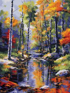 a painting of trees and water in the woods with fall colors on it's leaves