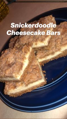 three pieces of cake sitting on top of a blue plate