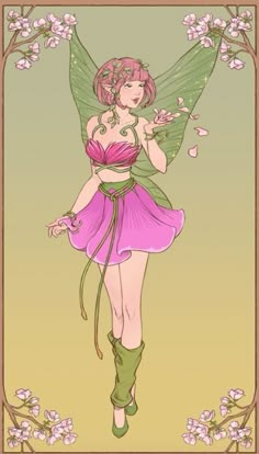 a drawing of a fairy with pink hair and green wings, holding a flower in her hand