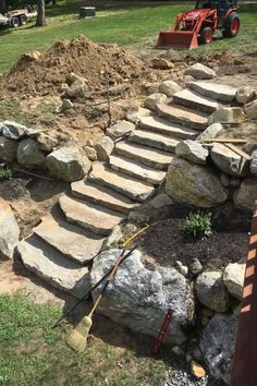 Natural stone steps installed. Natural Stone Steps, Entryway Landscaping, Lake Landscaping, Sloped Backyard Landscaping, Garden Decoration Ideas, Sloped Yard, Stone Landscaping, Sloped Backyard, Stone Steps