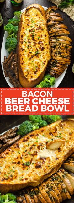 bacon cheese bread bowl with broccoli on the side