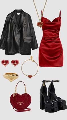 Outfit For Formal Events, Prostitution Outfit, Red New Years Eve Outfit, Red And Black Outfit Ideas, Red Dress Outfits, Femme Fatale Outfit Classy, Black And Red Outfit Classy, Red And Black Outfits Aesthetic, Mafia Outfits Female