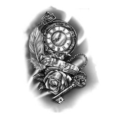 a black and white drawing of a rose with a clock