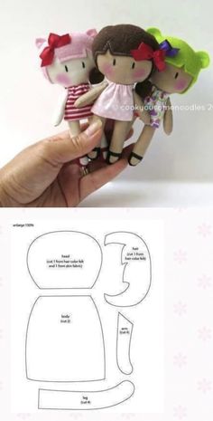 a hand holding two dolls in front of a paper cutout with instructions to make them