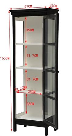 the measurements for an open bookcase with glass doors