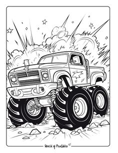 a monster truck with big wheels driving through the desert coloring pages for kids and adults