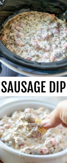 sausage dip in a slow cooker with text overlay