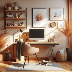 a computer desk with a monitor on top of it next to a book shelf filled with books