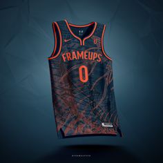 an orange and black basketball jersey with the name frameurs written in red on it