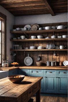 a wooden table sitting in front of a kitchen filled with lots of dishes and pans