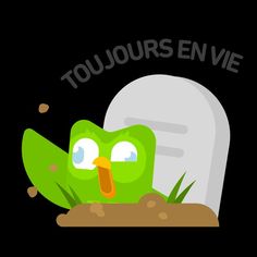 a green bird sitting in the dirt near a gravestone that says toujous envie