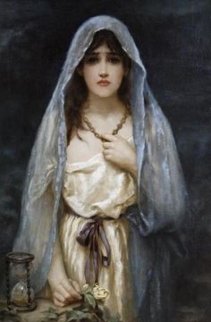 a painting of a woman with a veil on her head and a candle in the background