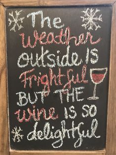 a chalkboard with writing on it that says the weather outside is frothiful but the wine is 50 degrees below