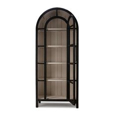 an arched glass display cabinet with shelves