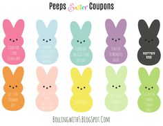 some bunny ears with the words peeps and other coupons on them in different colors