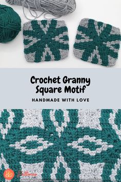 the crochet granny square motif is shown in green and white with text that reads,