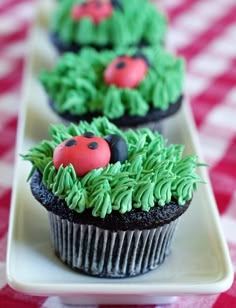 two cupcakes with green frosting and ladybugs on them sitting on a plate