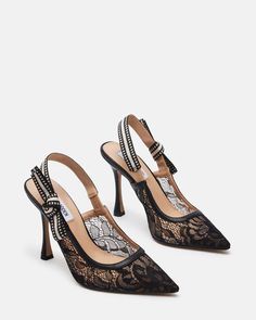 BRI Black Lace Slingback Pump Heel | Women's Heels – Steve Madden Black Lace Heels, Lace Heels, Shoe Display, Stiletto Pumps, Dream Shoes, Slingback Pump, Steve Madden Shoes, Womens Heels, Black Heels