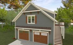 a two car garage with stairs leading up to the second floor and an upstairs loft