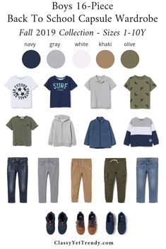 Boys 16-Piece Back To School Capsule Wardrobe: Fall 2019 Sizes 1-10Y + 9 Outfits - Classy Yet Trendy Boys Capsule Wardrobe, Boys Back To School Outfits, Kids Outfits Boys, Kids Capsule Wardrobe, Boy Fashion Outfits, Back School Outfits, Skirt Classy, Travel Minimalist, Boys School Outfits