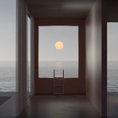 an open door leading to the ocean at night with a full moon in the sky