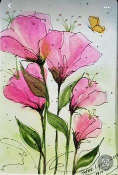 some pink flowers and a yellow butterfly on a white background with watercolng effect