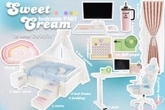 an advertisement for a baby's bedroom with furniture and accessories on it, including a bed