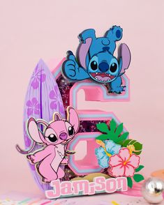 a pink and blue birthday card with the number 5 on it, featuring stitchy characters