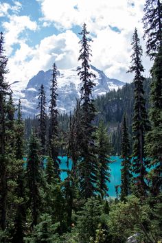 the view of a lake surrounded by trees and snow capped mountain in the distance with blue water