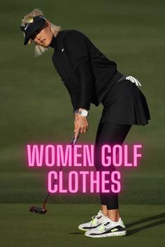 a woman is playing golf with the words women's golf clothes written in pink