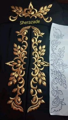 two different types of embroidery on black fabric