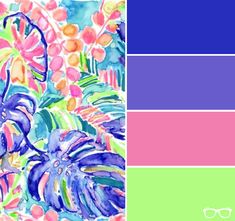 the color palette is blue, green, pink and purple with tropical leaves on it