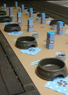 many dog bowls are lined up on the table