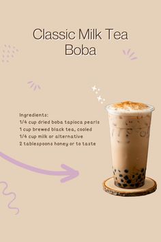 an advertisement for boba milk tea with information on the side and description below it