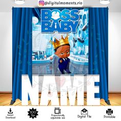 the boss baby name poster is displayed in front of a blue curtain with cartoon characters on it