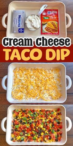 two casserole pans filled with taco dip and cream cheese