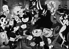 black and white drawing of many cartoon characters