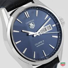 Already considered as an essential in its black, silver or white version, the TAG Heuer Carrera Calibre 5 Day-Date now comes with a deep blue dial. A refined Day-Date model you can choose from a fine-brushed steel bracelet or an elegant alligator strap. Available from May 2015. http://tag.hr/baselworld Tag Carrera, Hand Watches, Mens Watch Brands, Tag Heuer Carrera Calibre, Mens Gadgets, Heuer Carrera, Swiss Luxury, Tag Heuer Carrera