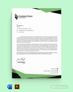 a green and black business letterhead with an abstract design on the bottom, in front of