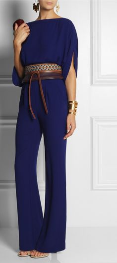 Diane von Furstenberg's FW13 Collection is a Celebration of '70s Style. This Purple and Tan Leather Obi belt is Embroidered to striking effect. Shown here with| Hervé Van der Straeten Earrings and Cuff, Diane von Furstenberg Jumpsuit, Givenchy shoes, Diane von Furstenberg Clutch.♥. ✤♠ ✤♠ I WANT IT ALL Casual Chique Stijl, فستان سهرة, Moda Vintage, 70s Fashion, Von Furstenberg, Diane Von, Diane Von Furstenberg